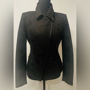 BCBG MAXAZRIA Floral Jacquard "Boe" Multi-Zippered Peplum Black Moto Jacket.